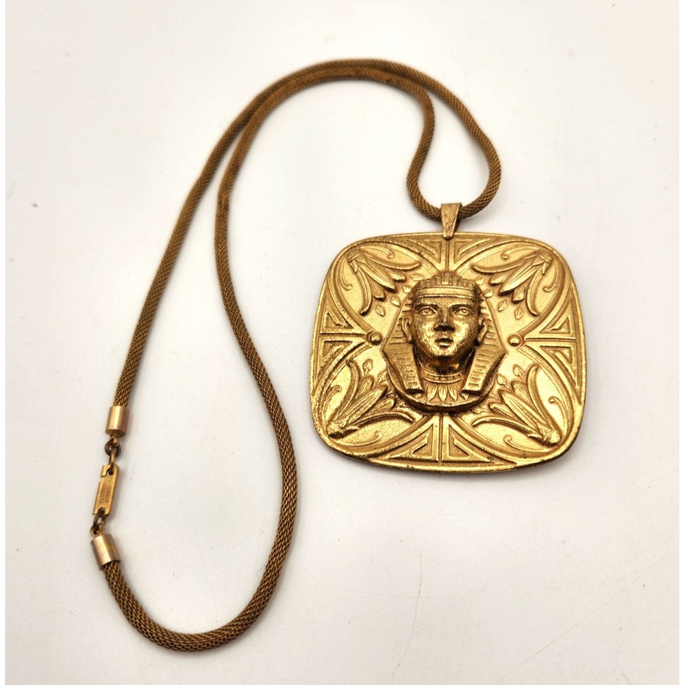 Mariam Haskell Egyptian Pharoh Lotus Flower Pendant Mesh Necklace VTG Rare